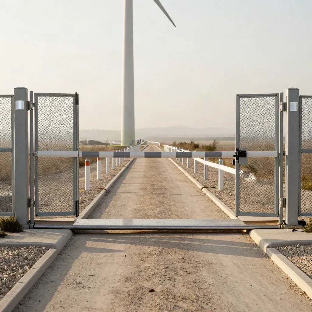 Open turbine gate and marker posts on a cleared access track beside a wind farm.
