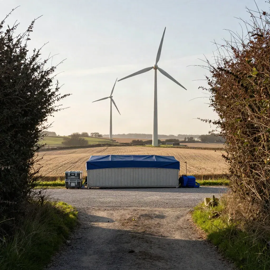 Wind farm with two turbines, a covered spare-parts crate and tidy service pad beside hedgerow fields.