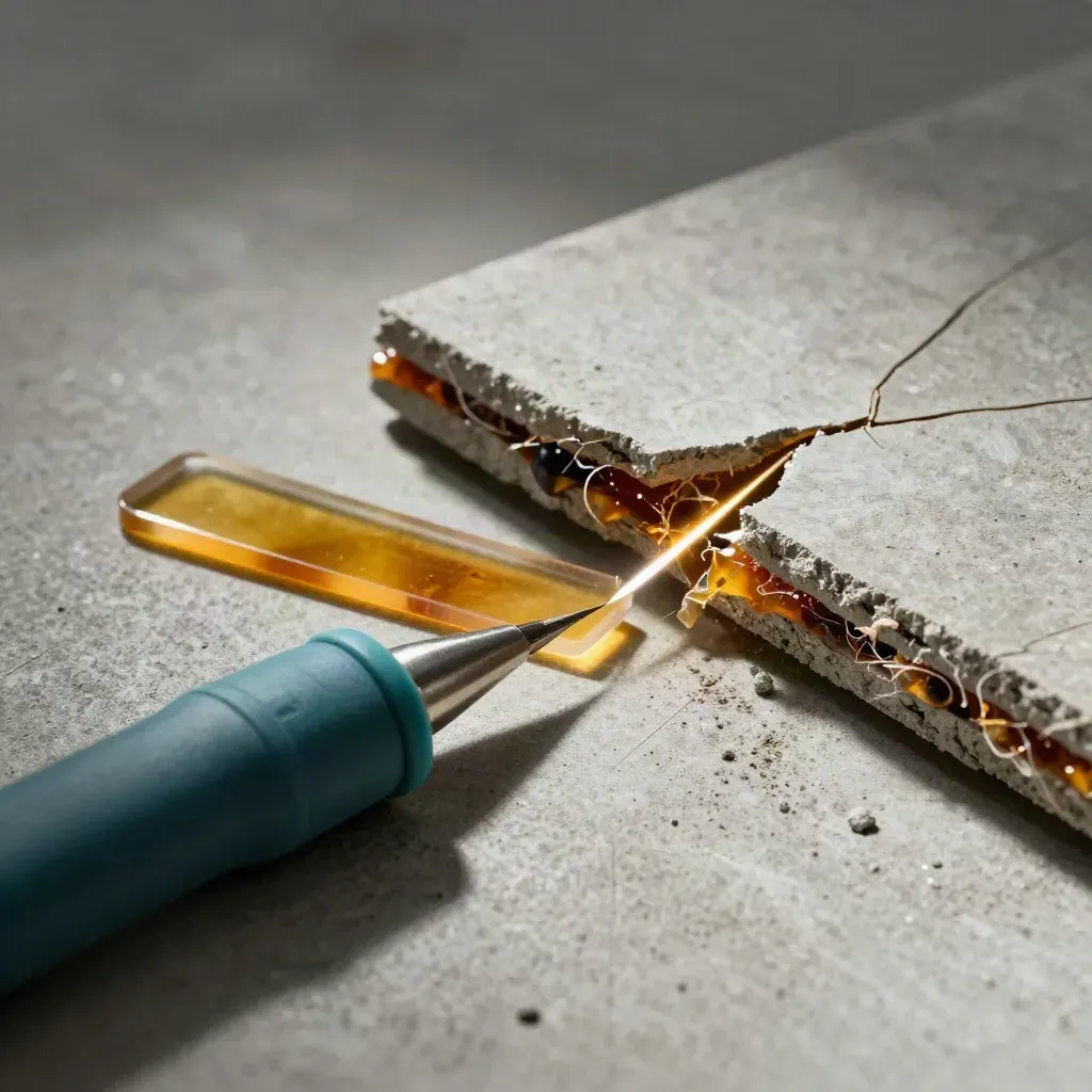 Ultrasonic probe, resin patch and cracked composite offcut on concrete in raking light.