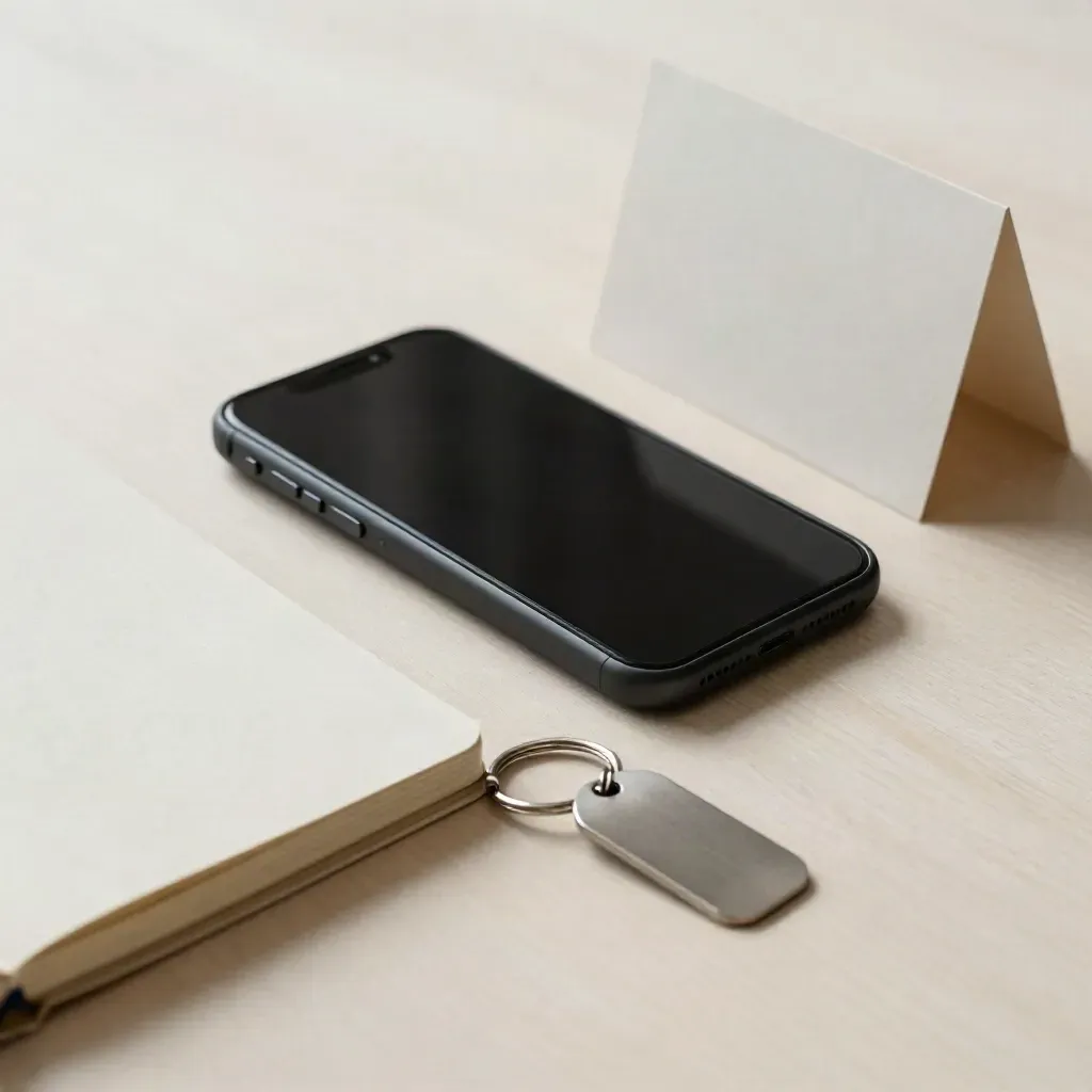 Phone, notebook, and site keyring on pale wood in soft morning light