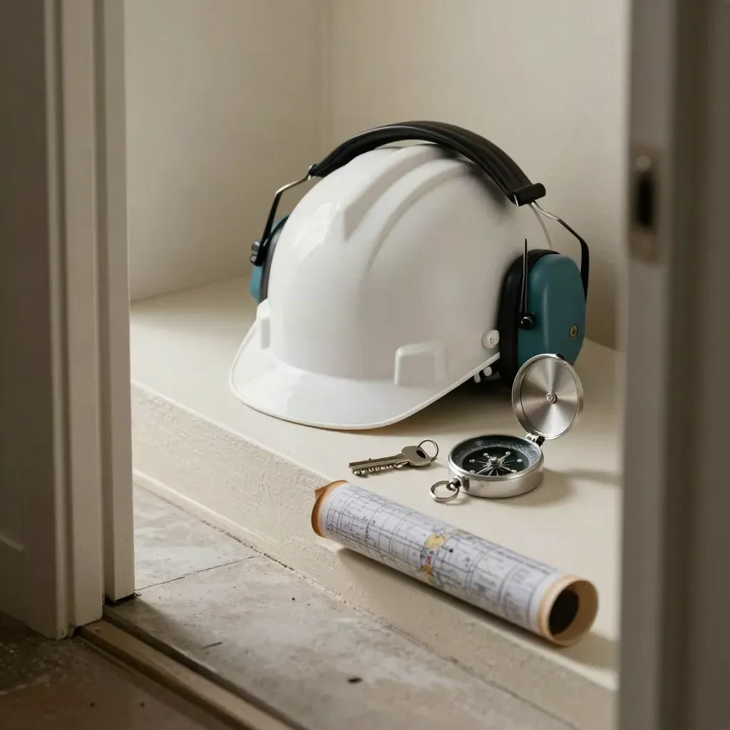 Hard hat, ear defenders, compass, key and map tube on a pale site ledge, seen through a doorway.