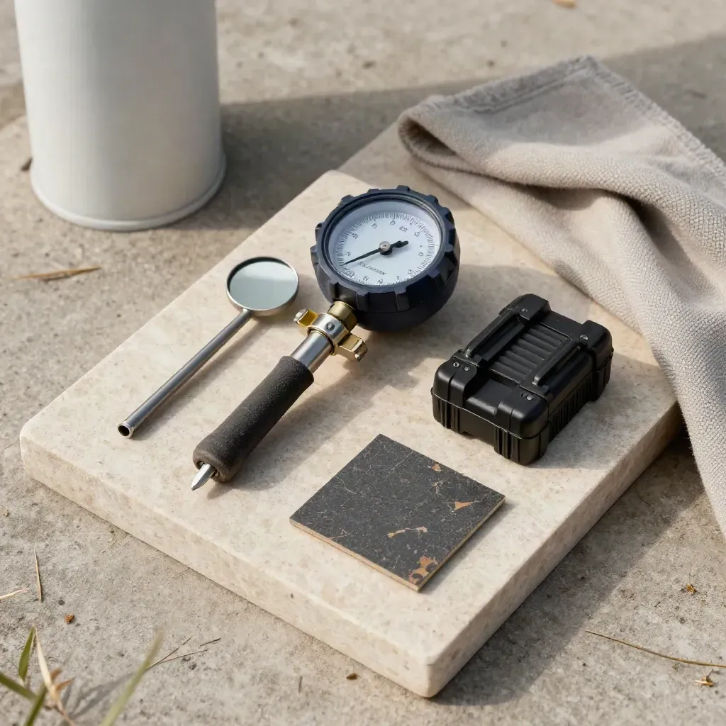 Overhead field-case still life with inspection tools, blade sample, and drone battery on stone.