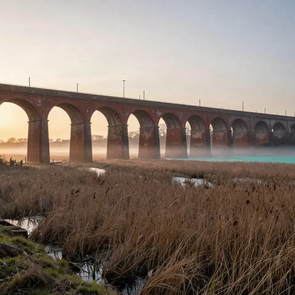 East Midlands fen-edge at dusk with viaduct and distant turbines over calm marshland
